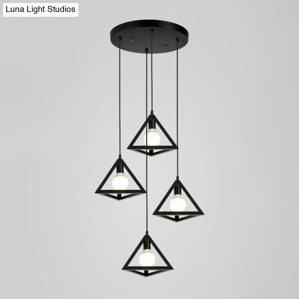 Metallic Geometric Cage Ceiling Light Fixture For Staircase Suspension 4 / Black B