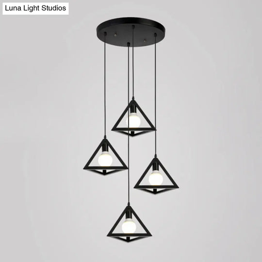 Metallic Geometric Cage Ceiling Light Fixture For Staircase Suspension 4 / Black B