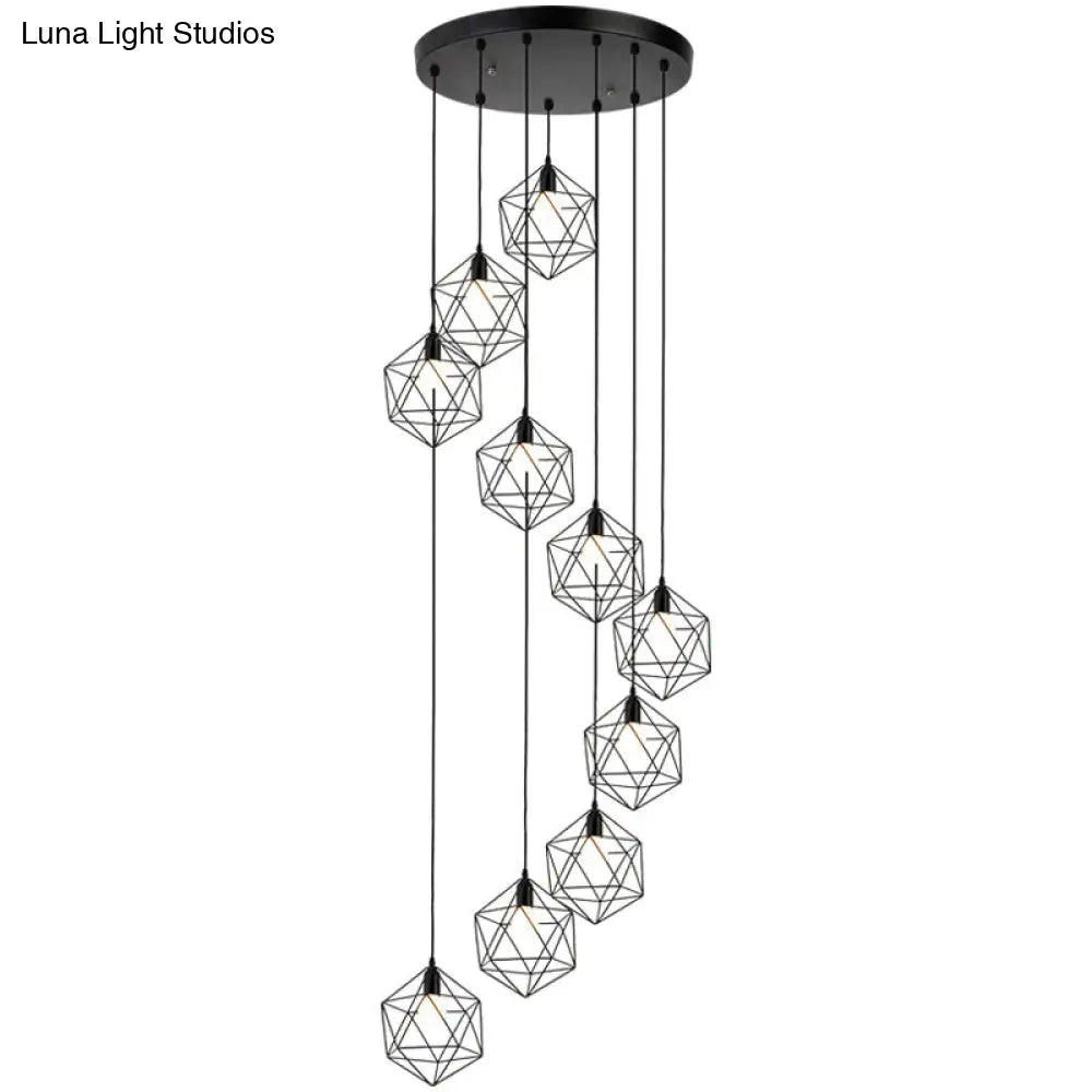 Metallic Geometric Cage Ceiling Light Fixture For Staircase Suspension