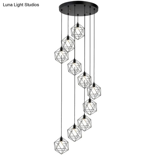 Metallic Geometric Cage Ceiling Light Fixture For Staircase Suspension