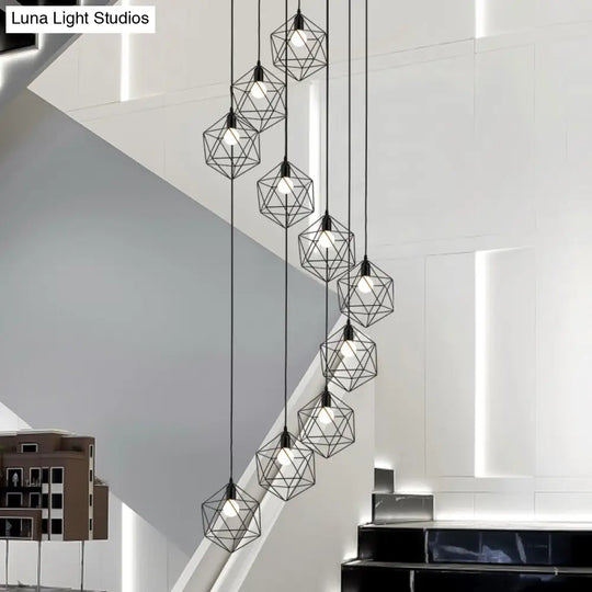 Metallic Geometric Cage Ceiling Light Fixture For Staircase Suspension 10 / Black A