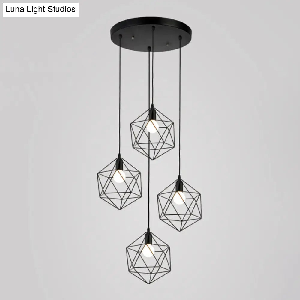 Metallic Geometric Cage Ceiling Light Fixture For Staircase Suspension