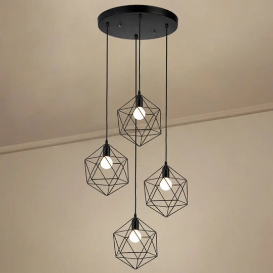 Geometric Cage Staircase Multi Ceiling Light - Metallic Suspension Fixture 4 / Black A