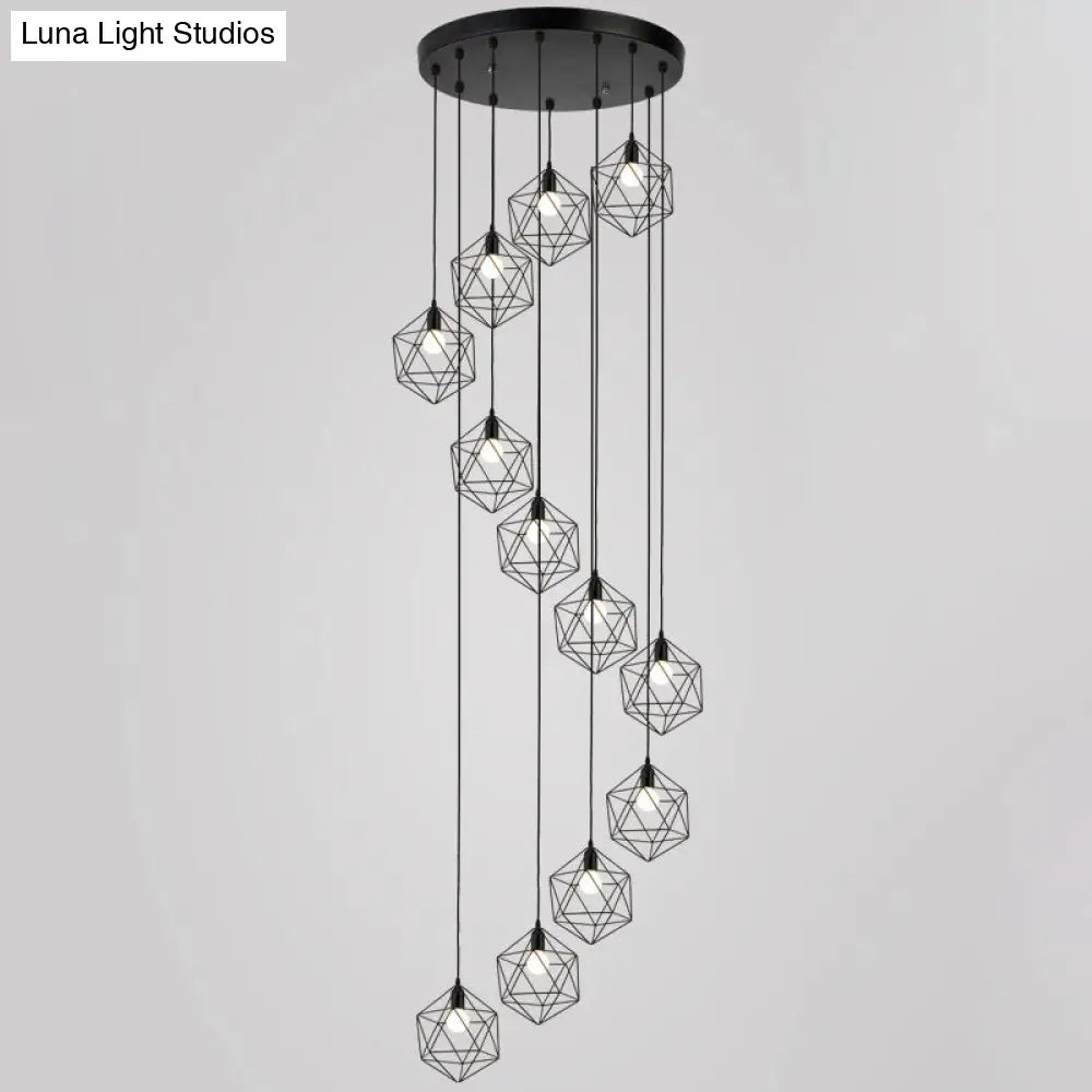 Metallic Geometric Cage Ceiling Light Fixture For Staircase Suspension 12 / Black A