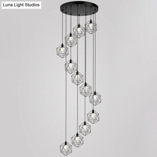 Metallic Geometric Cage Ceiling Light Fixture For Staircase Suspension 12 / Black A