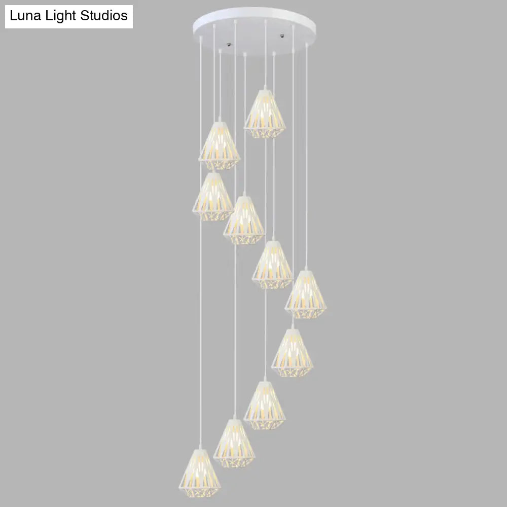 Metallic Geometric Cage Ceiling Light Fixture For Staircase Suspension 10 / White B