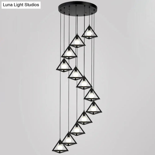 Metallic Geometric Cage Ceiling Light Fixture For Staircase Suspension