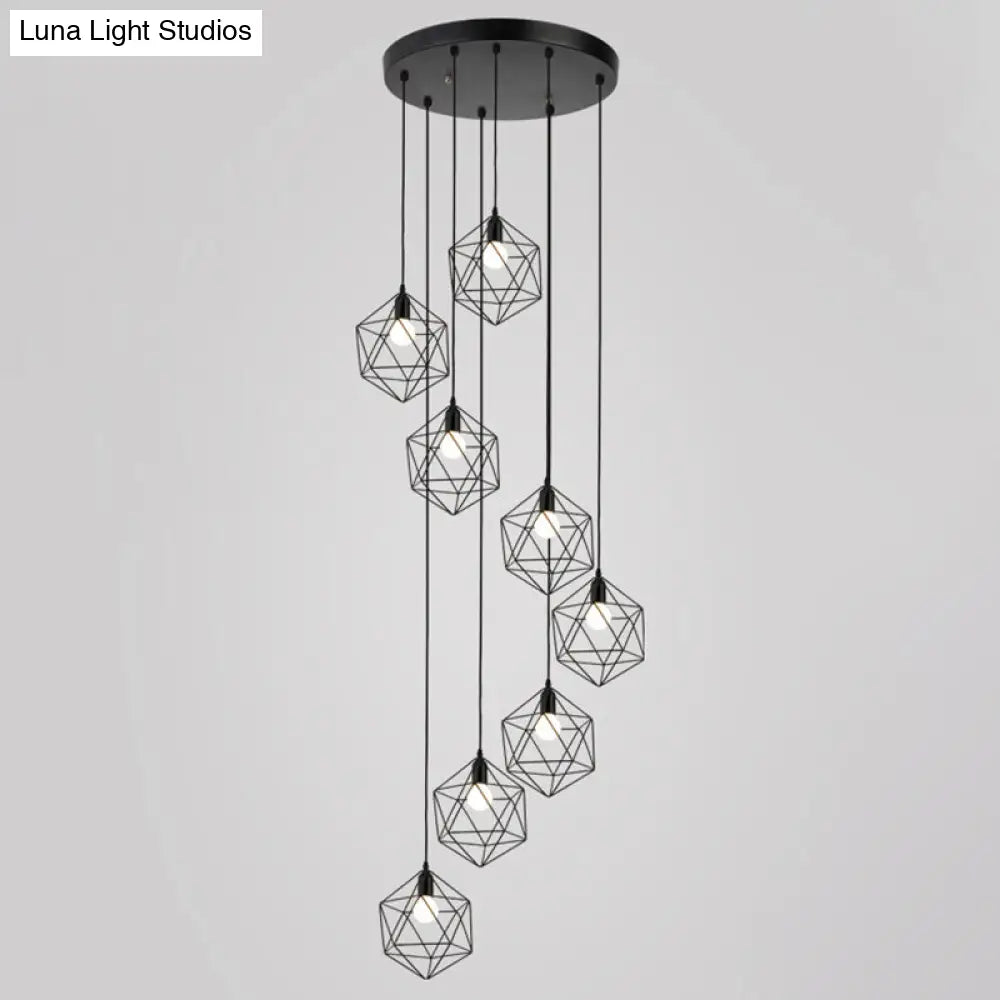 Metallic Geometric Cage Ceiling Light Fixture For Staircase Suspension 8 / Black A