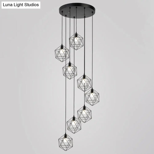 Metallic Geometric Cage Ceiling Light Fixture For Staircase Suspension 8 / Black A