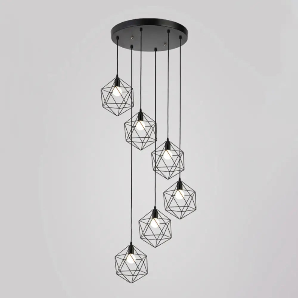 Geometric Cage Staircase Multi Ceiling Light - Metallic Suspension Fixture 6 / Black A