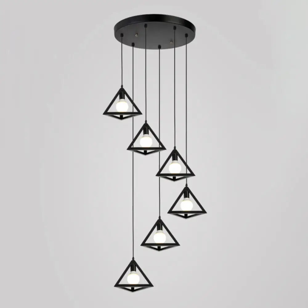 Geometric Cage Staircase Multi Ceiling Light - Metallic Suspension Fixture 6 / Black B