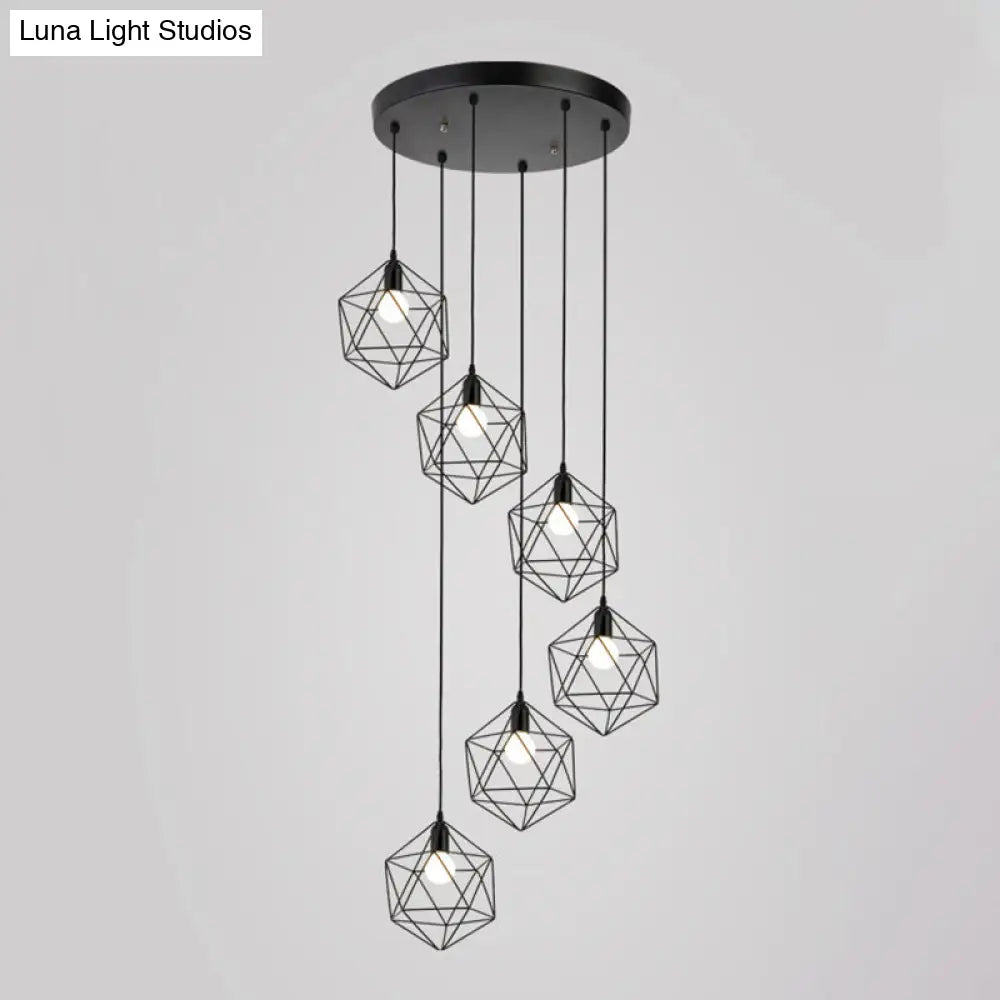 Metallic Geometric Cage Ceiling Light Fixture For Staircase Suspension 6 / Black A