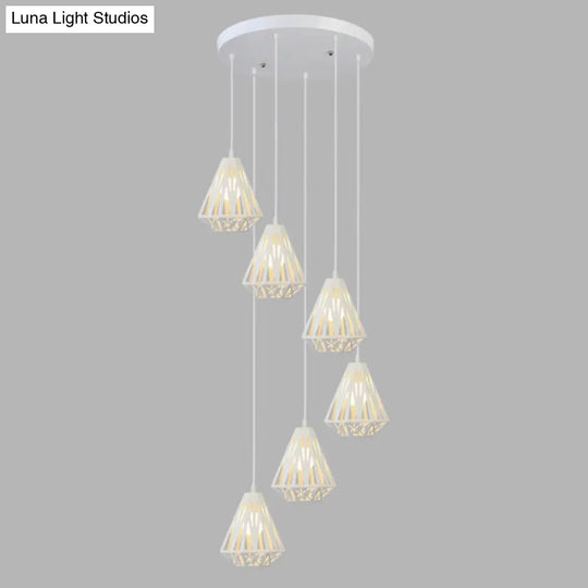 Metallic Geometric Cage Ceiling Light Fixture For Staircase Suspension 6 / White B