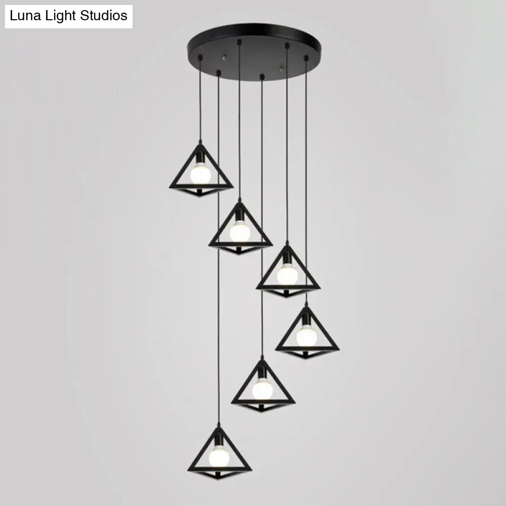 Metallic Geometric Cage Ceiling Light Fixture For Staircase Suspension 6 / Black B