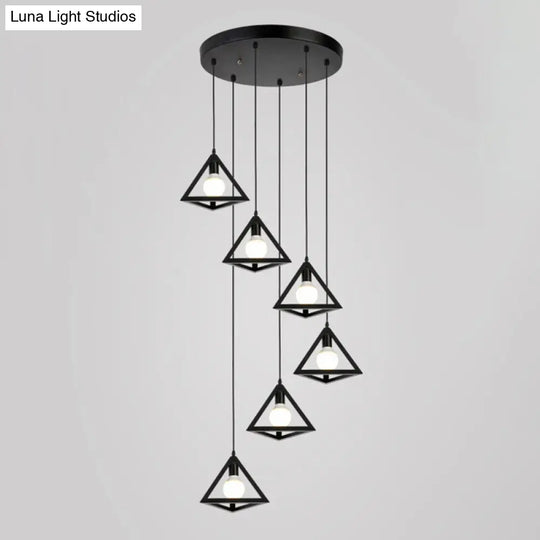 Metallic Geometric Cage Ceiling Light Fixture For Staircase Suspension 6 / Black B