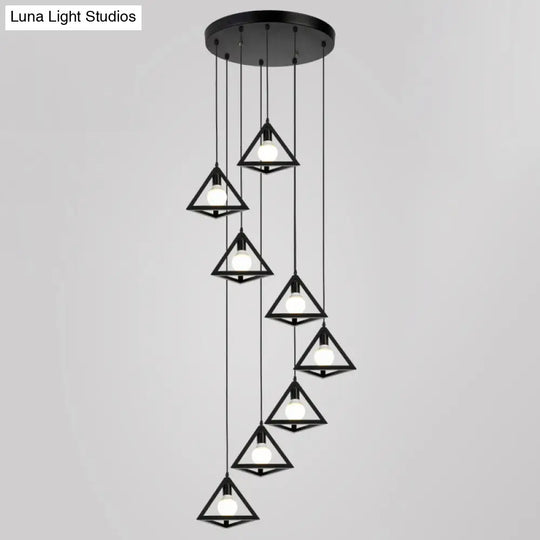 Geometric Cage Staircase Multi Ceiling Light - Metallic Suspension Fixture