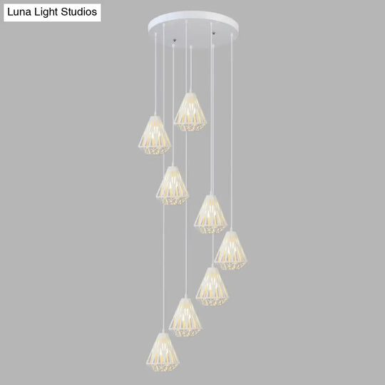 Metallic Geometric Cage Ceiling Light Fixture For Staircase Suspension 8 / White B