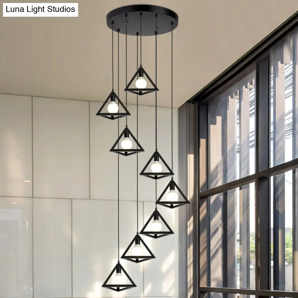 Metallic Geometric Cage Ceiling Light Fixture For Staircase Suspension 8 / Black B