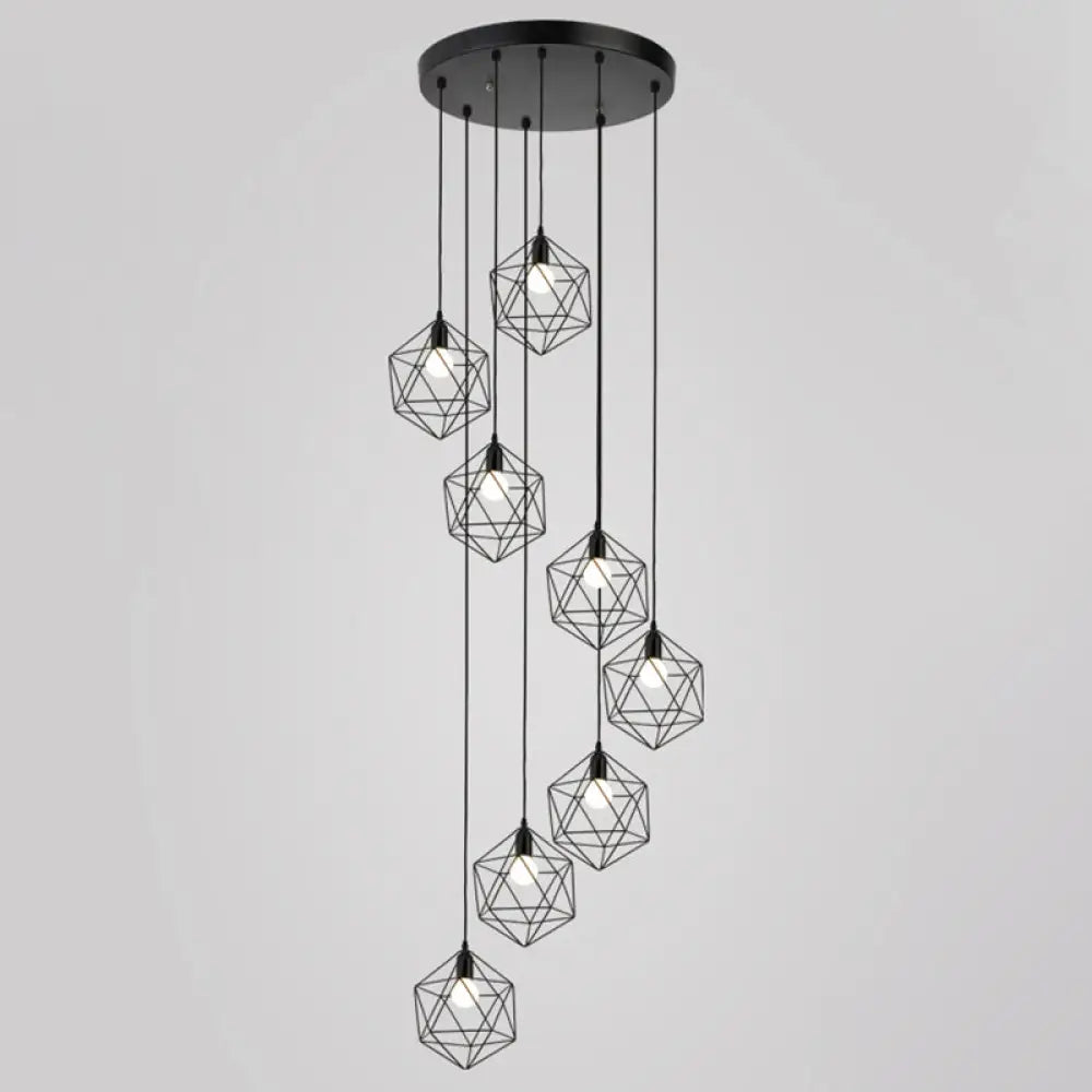 Geometric Cage Staircase Multi Ceiling Light - Metallic Suspension Fixture 8 / Black A