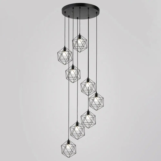 Geometric Cage Staircase Multi Ceiling Light - Metallic Suspension Fixture 8 / Black A