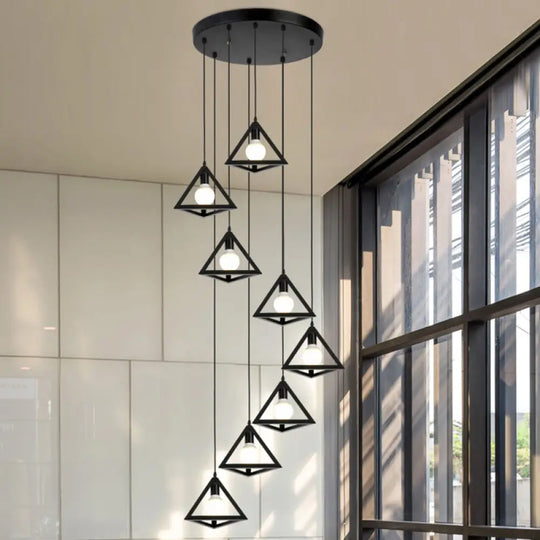 Geometric Cage Staircase Multi Ceiling Light - Metallic Suspension Fixture 8 / Black B