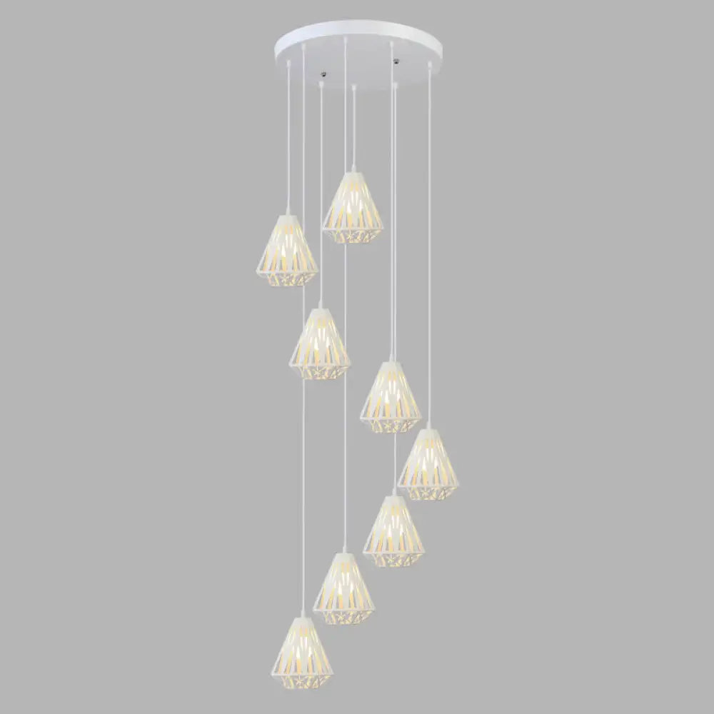 Geometric Cage Staircase Multi Ceiling Light - Metallic Suspension Fixture 8 / White B