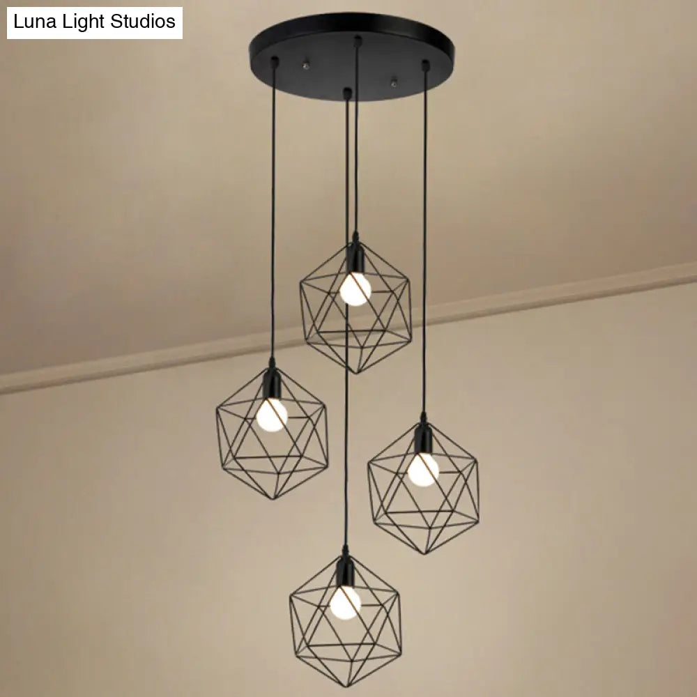 Metallic Geometric Cage Ceiling Light Fixture For Staircase Suspension 4 / Black A