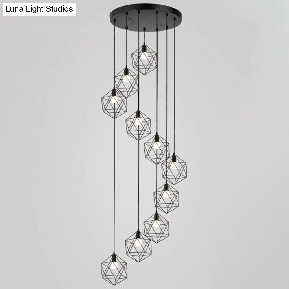 Metallic Geometric Cage Ceiling Light Fixture For Staircase Suspension