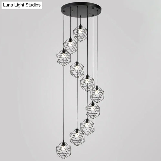 Metallic Geometric Cage Ceiling Light Fixture For Staircase Suspension