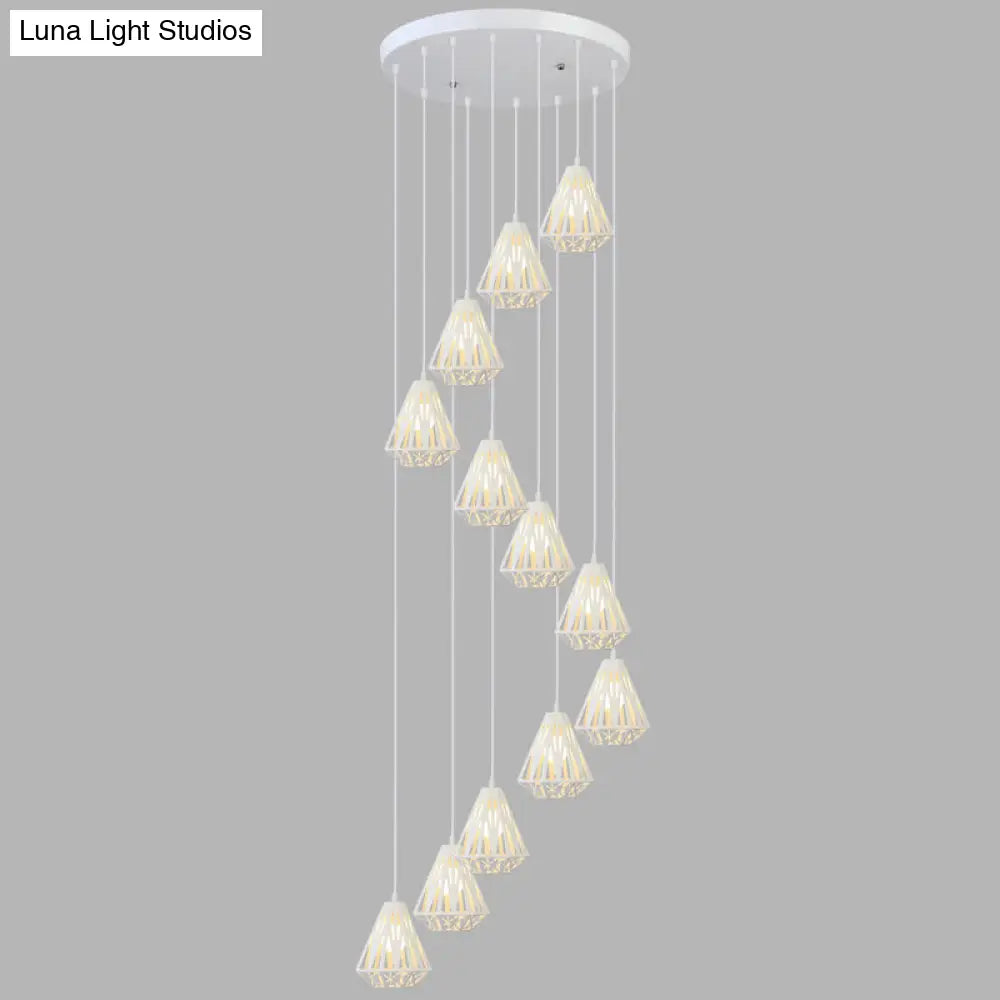 Metallic Geometric Cage Ceiling Light Fixture For Staircase Suspension