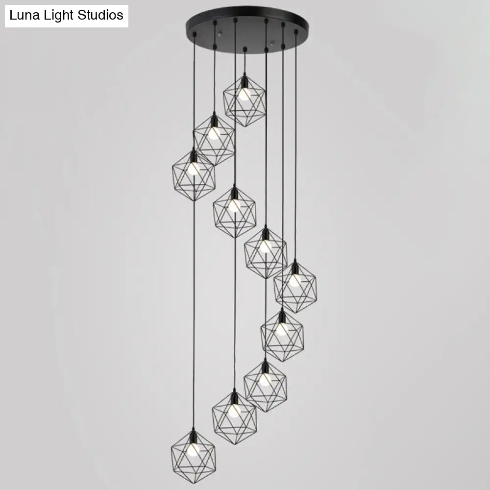 Geometric Cage Staircase Multi Ceiling Light - Metallic Suspension Fixture