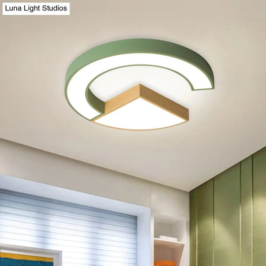 Geometric Ceiling Flush Mount Iron Green/Grey And Wood Led Lighting For Nursery Green