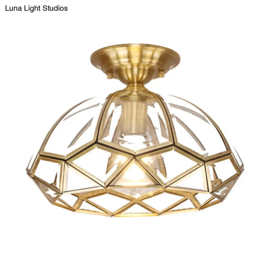 Geometric Ceiling Lamp: Colonial Style 1 Bulb Brass Frame Transparent Glass