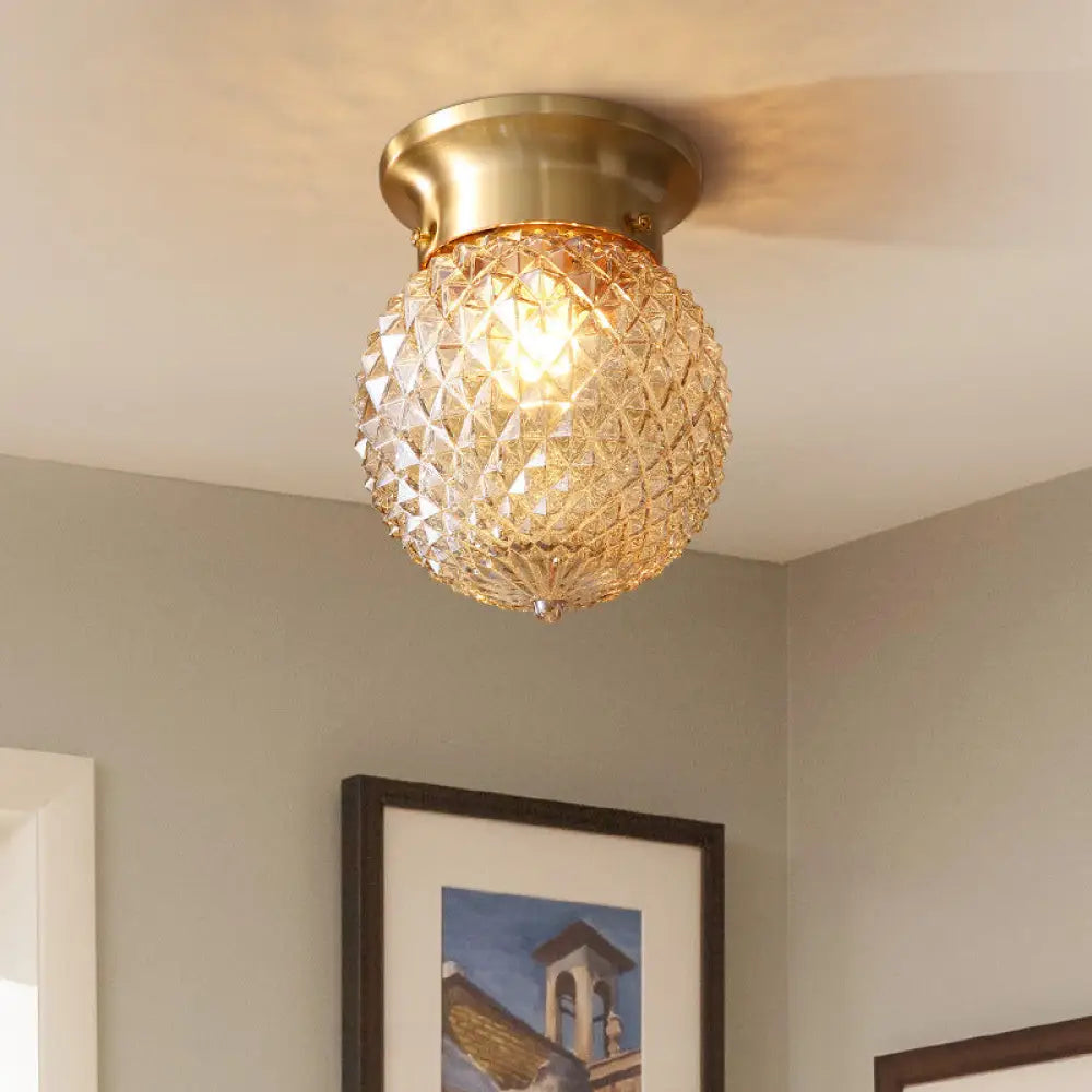 Geometric Ceiling Lamp: Colonial Style 1 Bulb Brass Frame Transparent Glass / Pineapple