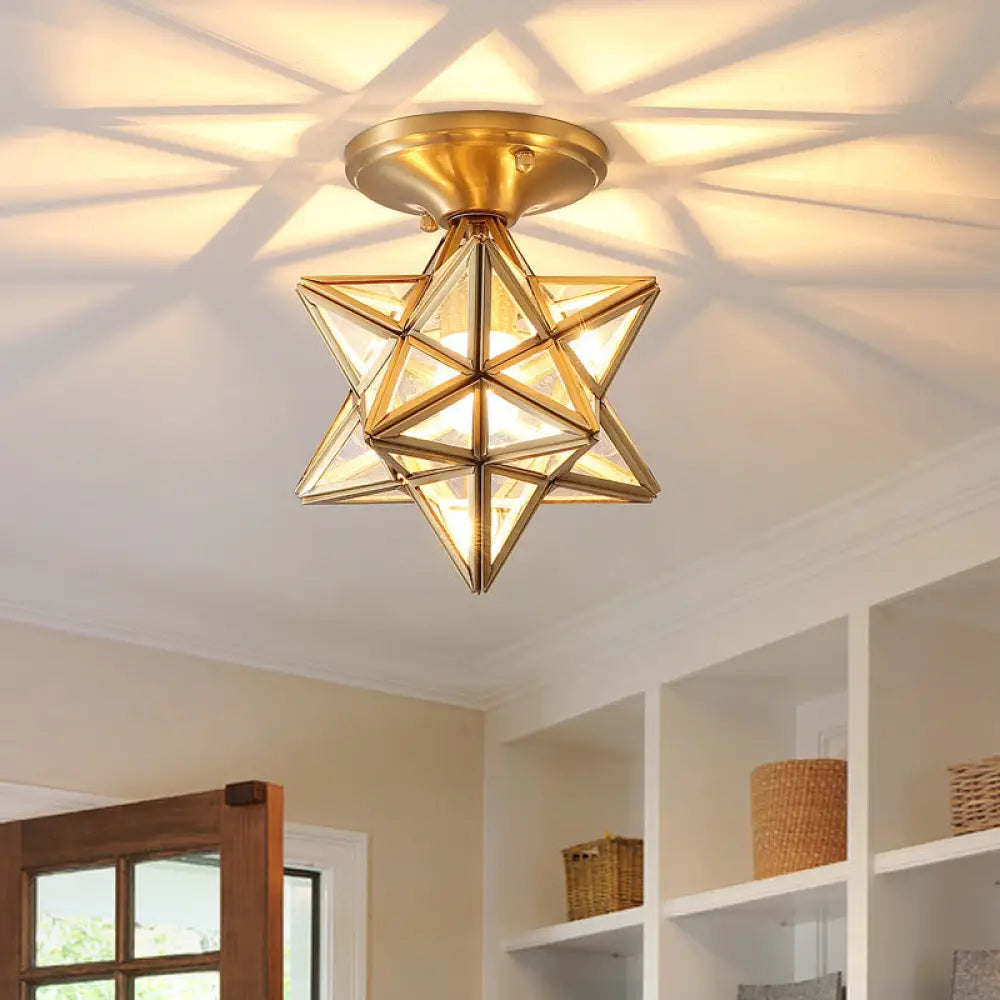 Geometric Ceiling Lamp: Colonial Style 1 Bulb Brass Frame Transparent Glass / Star