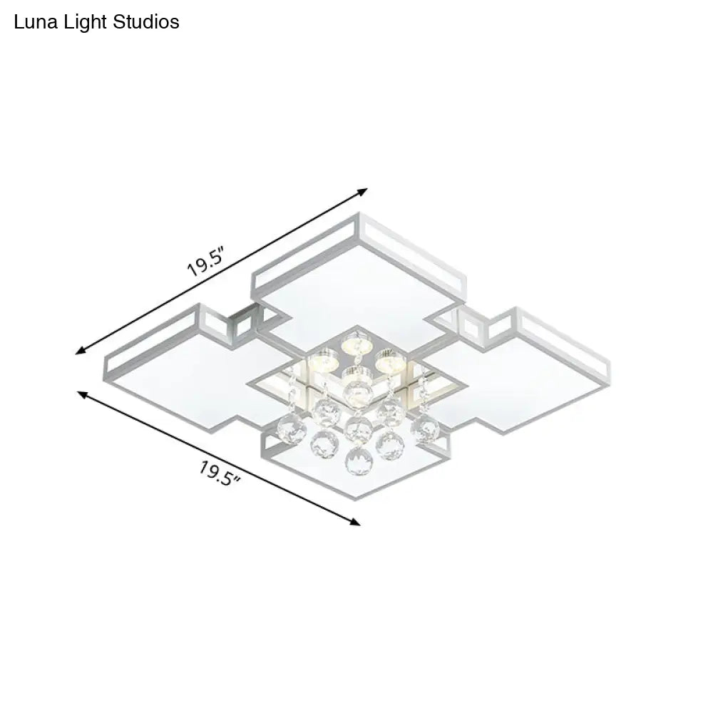 Geometric Ceiling Lamp With Integrated Led And Crystal Ball Accent - 19.5’/23.5’ Wide White