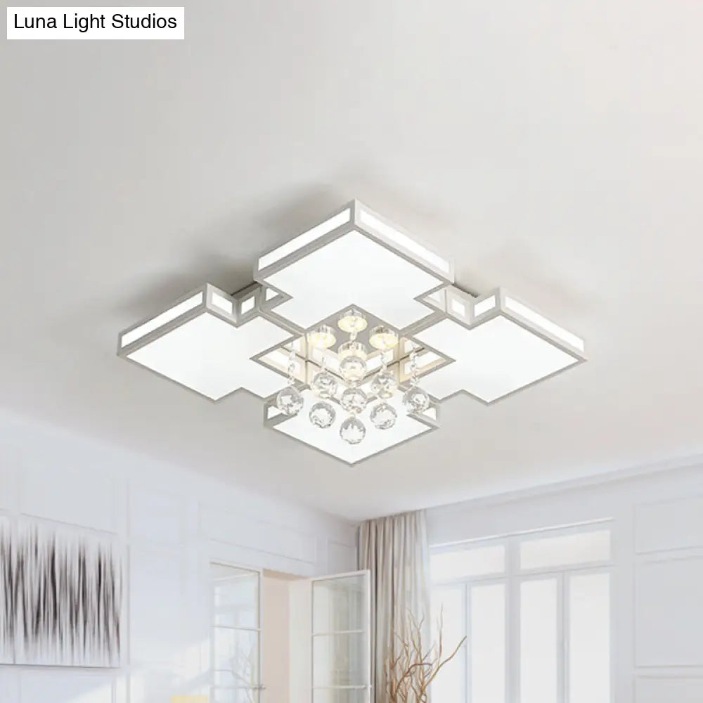 Geometric Ceiling Lamp With Integrated Led And Crystal Ball Accent - 19.5/23.5 Wide White Flush