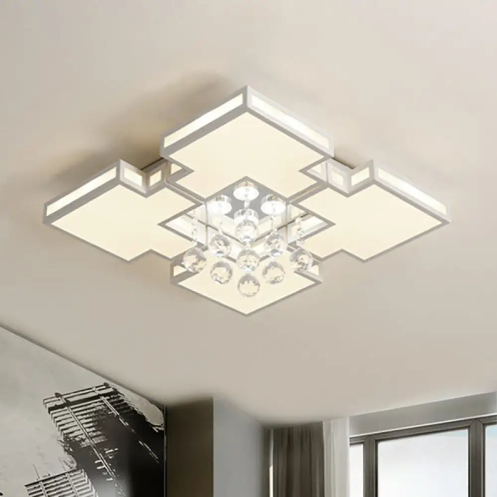 Geometric Ceiling Lamp With Integrated Led And Crystal Ball Accent - 19.5’/23.5’ Wide White