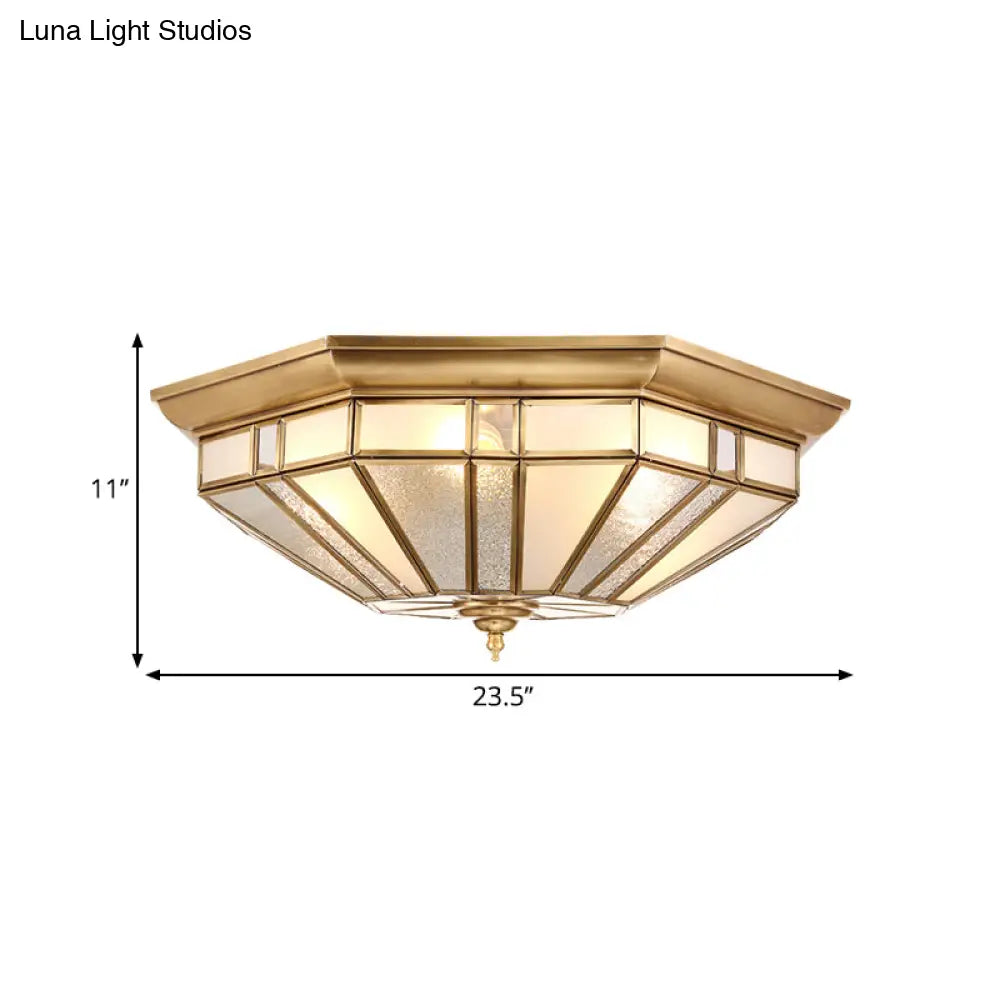 Geometric Ceiling Mount Brass Flush Light Fixture For Bedroom - Beveled Glass 4/6 Bulbs 19.5/23.5 W