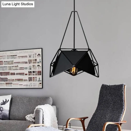 Geometric Brass/Black/White Ceiling Pendant Light With Wire Guard - Industrial Metallic Suspended