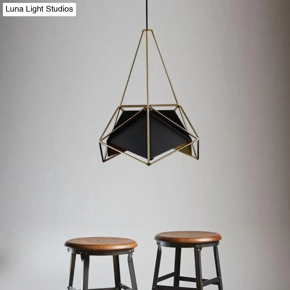 Geometric Brass/Black/White Ceiling Pendant Light With Wire Guard - Industrial Metallic Suspended