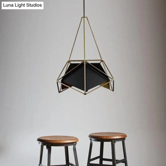 Geometric Brass/Black/White Ceiling Pendant Light With Wire Guard - Industrial Metallic Suspended