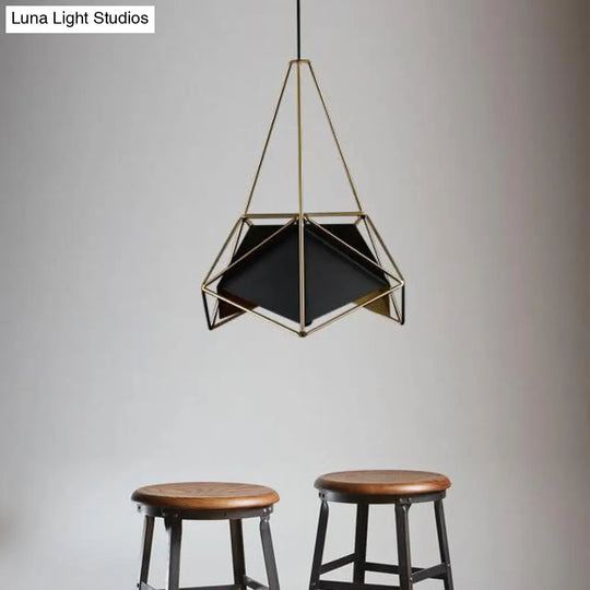 Geometric Ceiling Pendant Light In Brass Black And White With Wire Guard - Industrial Metallic