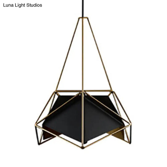 Geometric Brass/Black/White Ceiling Pendant Light With Wire Guard - Industrial Metallic Suspended