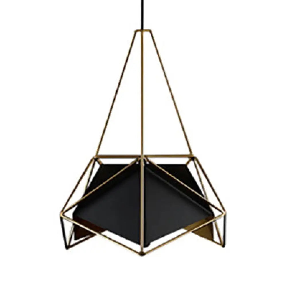 Geometric Ceiling Pendant Light In Brass Black And White With Wire Guard - Industrial Metallic