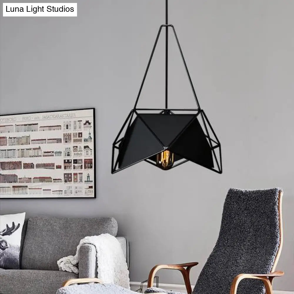 Geometric Ceiling Pendant Light In Brass Black And White With Wire Guard - Industrial Metallic