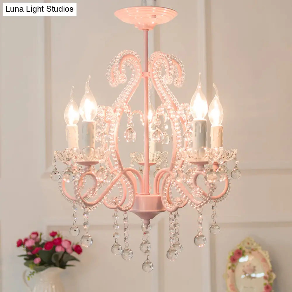 Geometric Chandelier Pendant Light - Macaron Pink Crystal Bead Accent 5 Lights