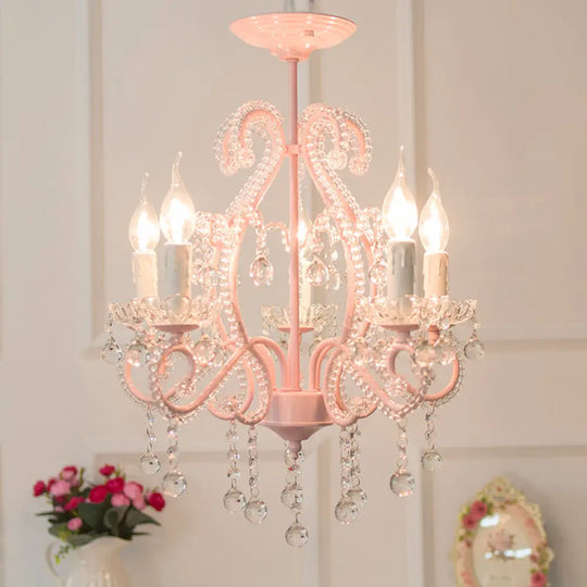 Geometric Chandelier Pendant Light - Macaron Pink Crystal Bead Accent 5 Lights