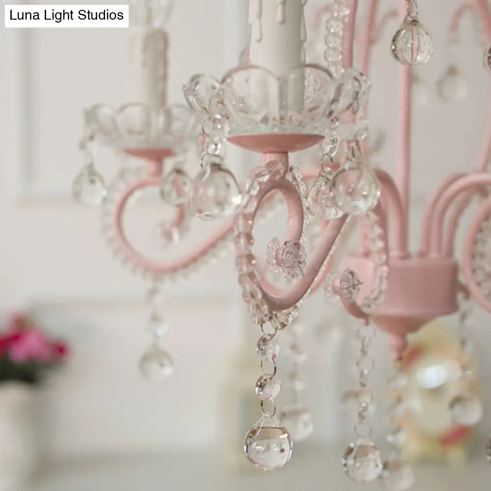 Geometric Chandelier Pendant Light - Macaron Pink Crystal Bead Accent 5 Lights