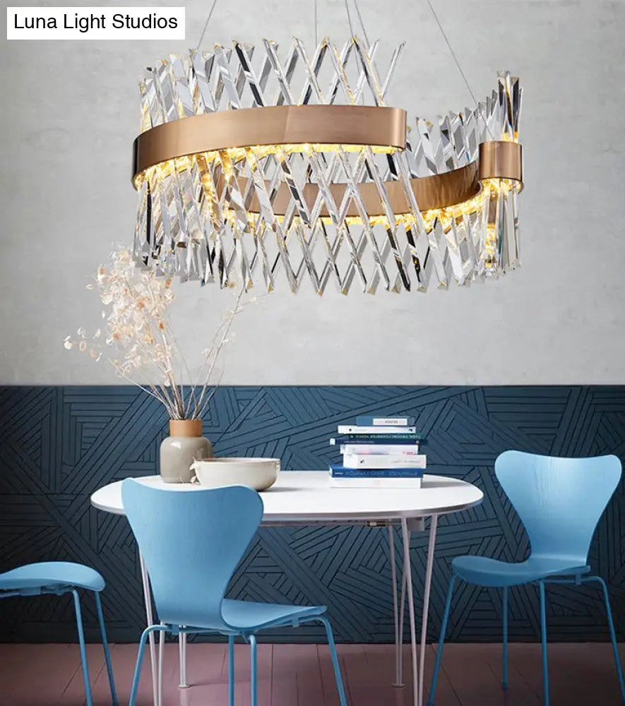 Geometric Chandelier With K9 Strip Crystal Led Suspension Lighting In Rose Gold Simplicity At Its